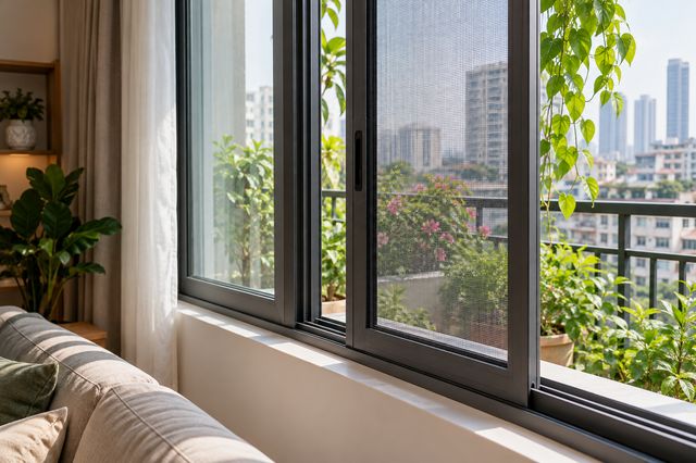 Cửa lưới được lắp cho cửa sổ trong nhà.