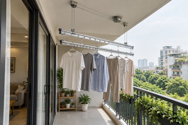 Giàn phơi được lắp ở khu vực ban công.