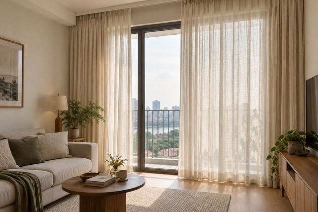 Rèm vải sáng màu được lắp bên cửa kính trong nhà.