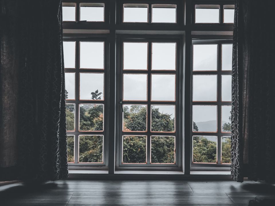 Khung cửa sổ kính nhìn ra cảnh cây xanh bên ngoài.