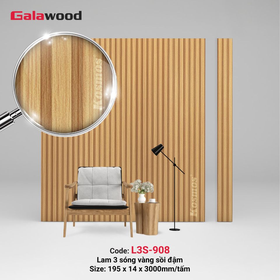 Lam sóng Galawood L3S-908 vân gỗ vàng sồi đậm, ảnh sản phẩm.