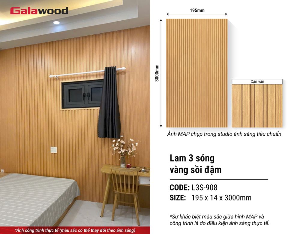 Hình giới thiệu lam sóng Galawood L3S-908 vân gỗ vàng sồi đậm.