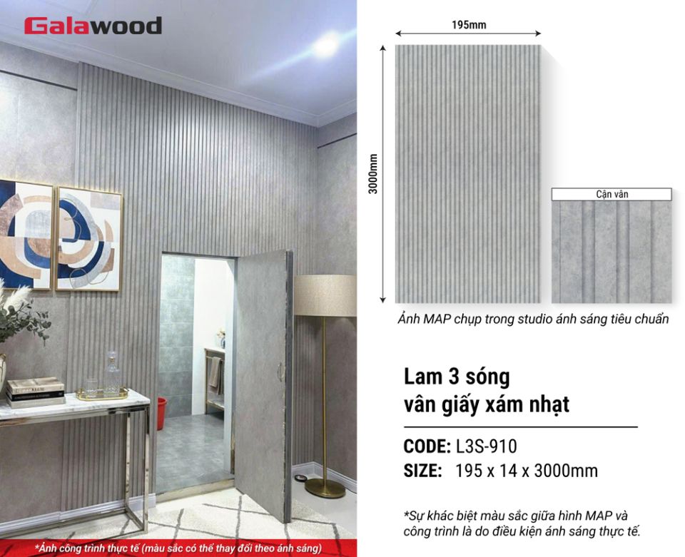 Hình giới thiệu lam sóng Galawood L3S-910 vân giấy xám nhạt.