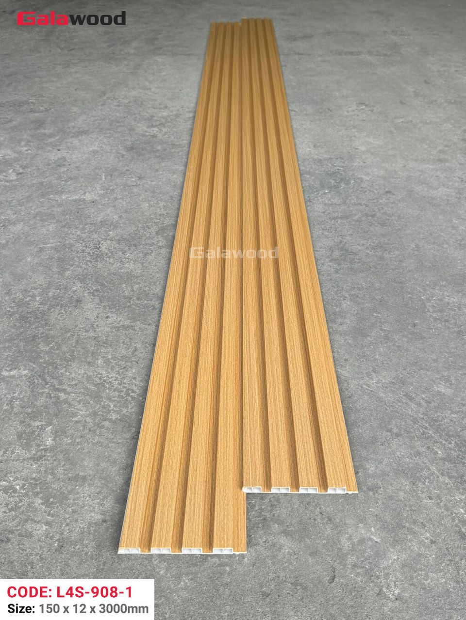 Mặt cắt và kích thước lam sóng L4S-908-1 màu Vàng sồi đậm theo ảnh nguồn.