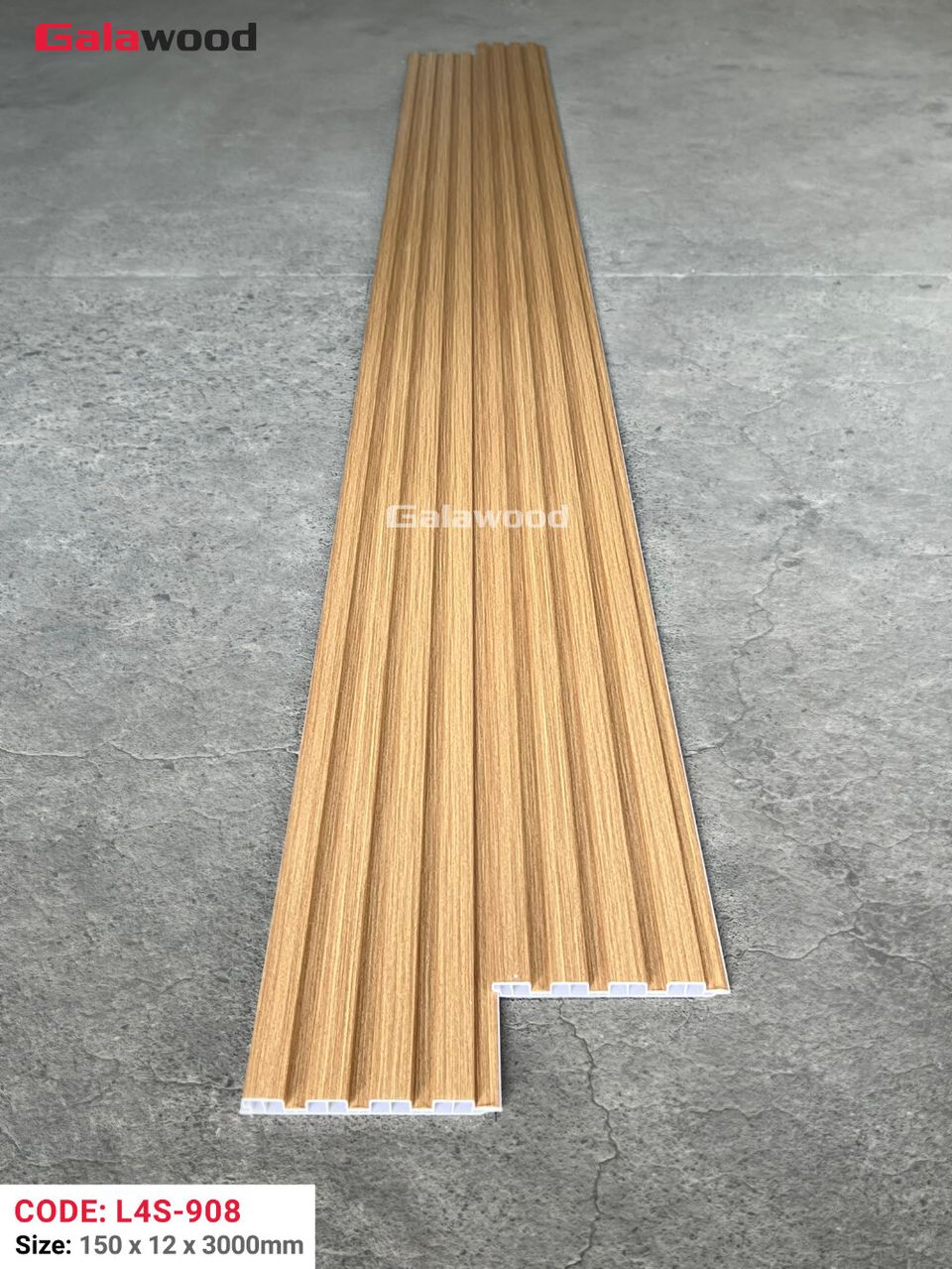 Mặt cắt và kích thước lam sóng L4S-908 màu Vân gỗ vàng sồi đậm theo ảnh nguồn.