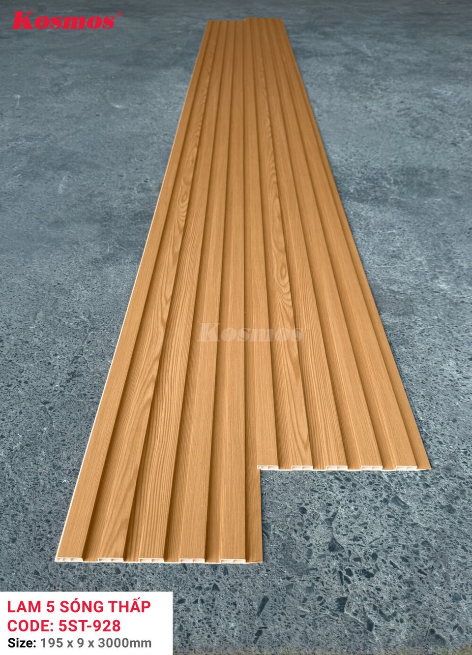 Mặt cắt và kích thước lam sóng 5ST-928 màu Vàng vân gỗ đậm theo ảnh nguồn.