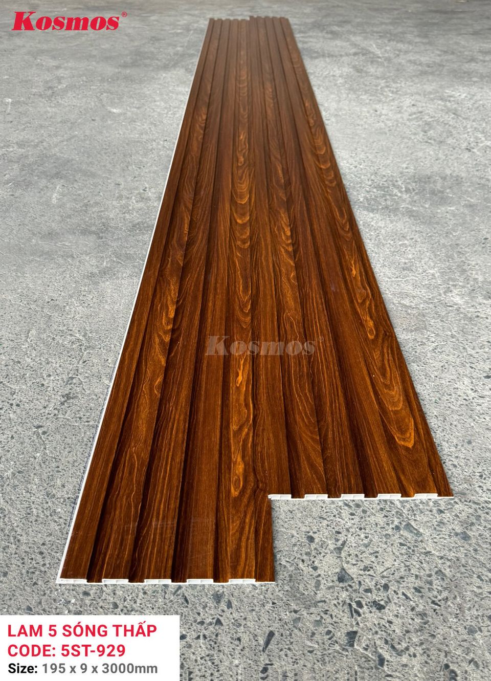 Mặt cắt và kích thước lam sóng 5ST-929 màu Nâu vân gỗ theo ảnh nguồn.