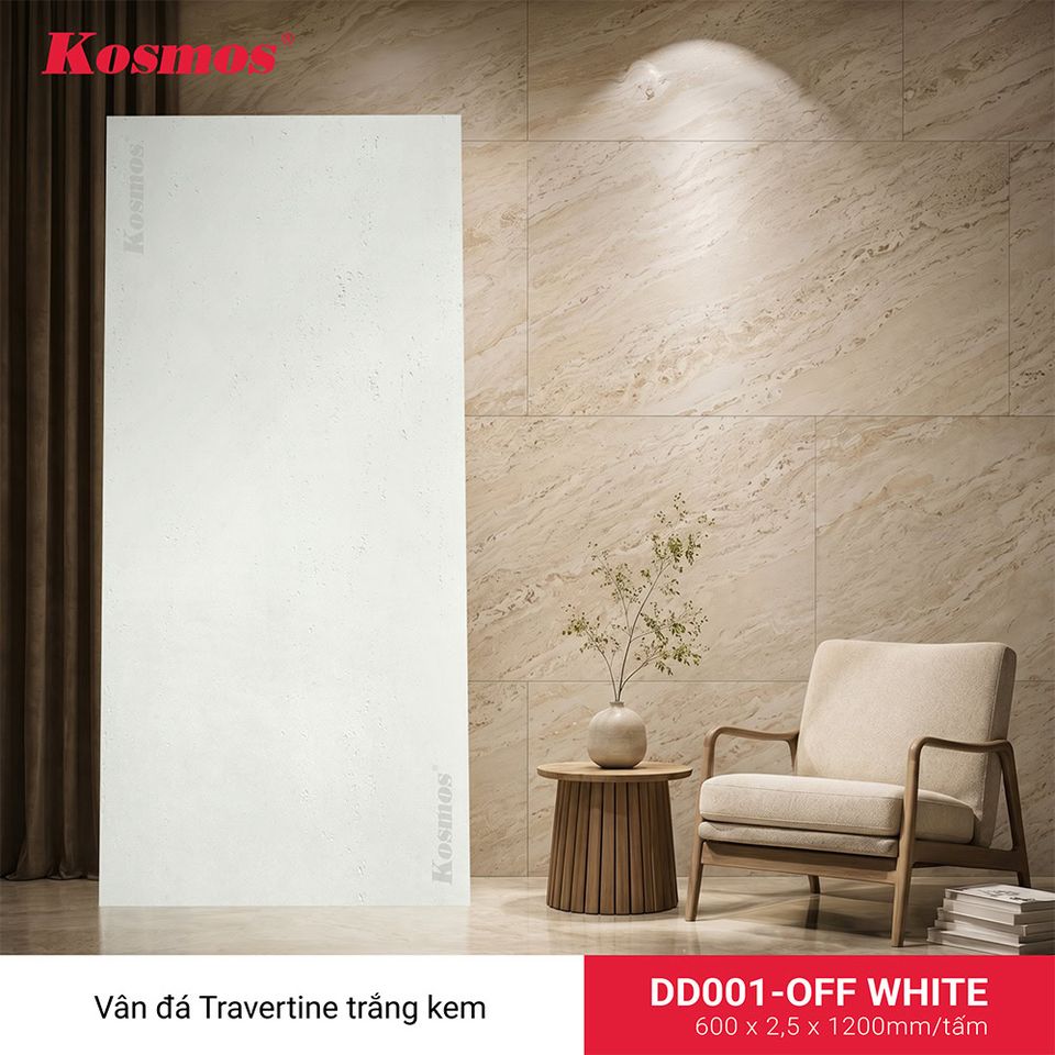 Ảnh tấm ốp đá dẻo DD001-OFF WHITE, vân Travertine, màu trắng kem.