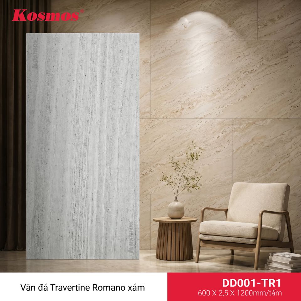 Ảnh tấm ốp đá dẻo DD001-TR1, vân Travertine, màu xám.