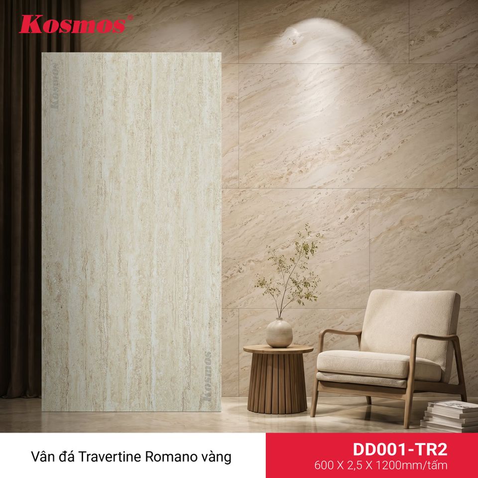 Ảnh tấm ốp đá dẻo DD001-TR2, vân Travertine, màu vàng.