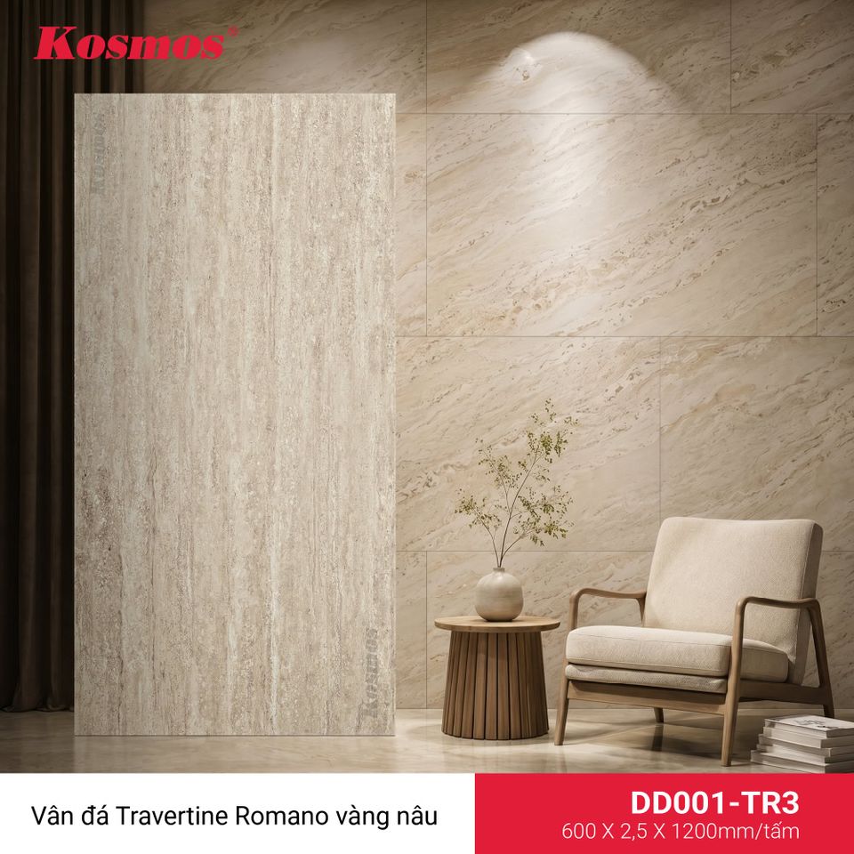 Ảnh tấm ốp đá dẻo DD001-TR3, vân Travertine, màu vàng nâu.