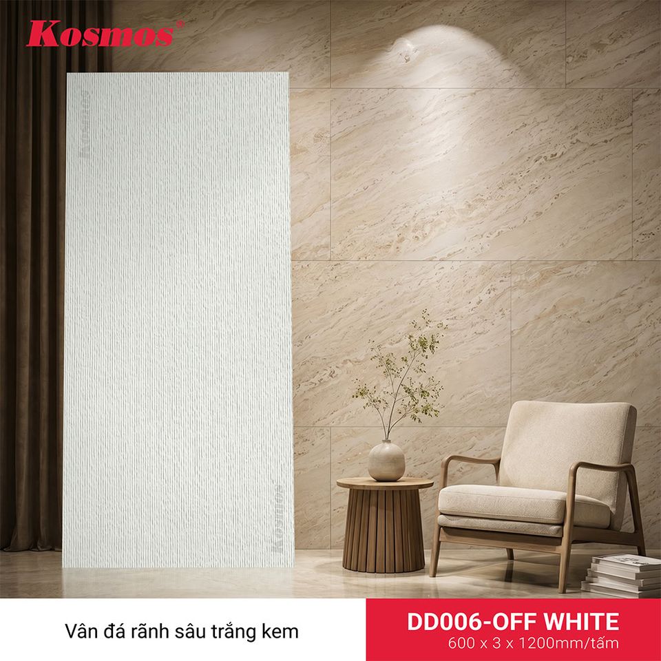 Ảnh tấm ốp đá dẻo DD006-OFF WHITE, vân rãnh sâu, màu trắng kem.