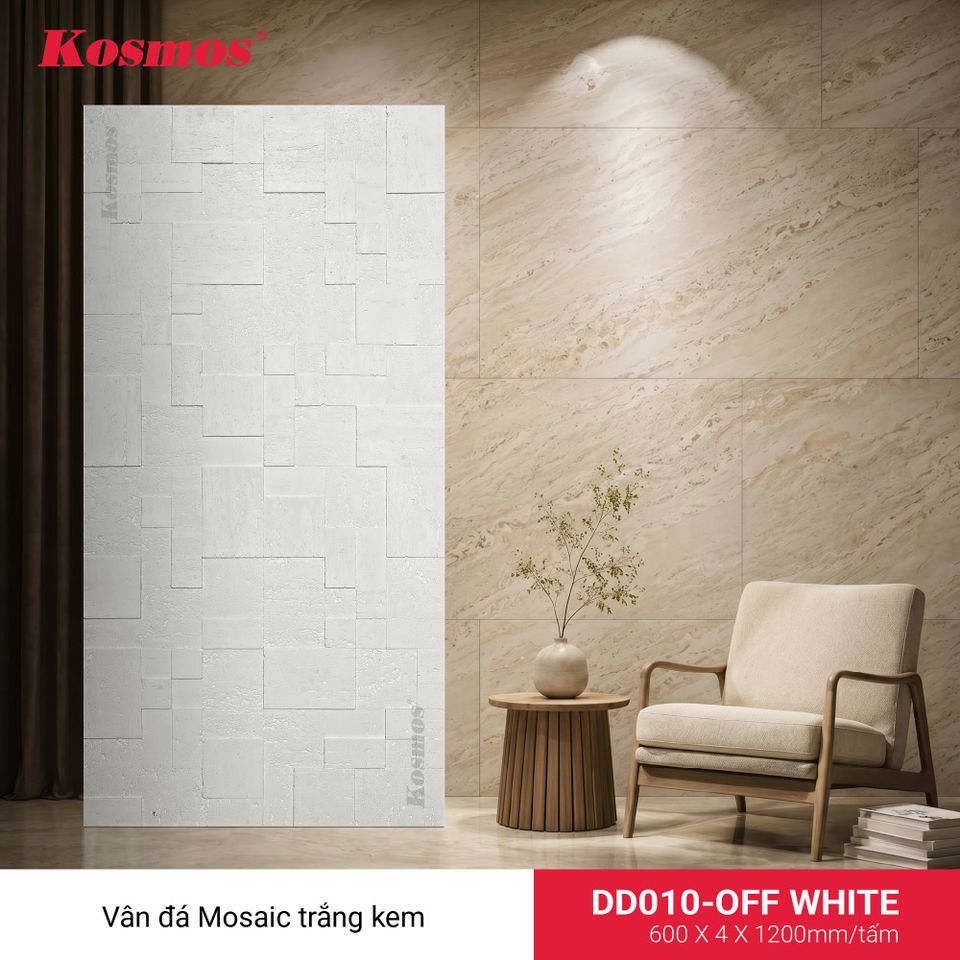 Ảnh tấm ốp đá dẻo DD010-OFF WHITE, vân Mosaic, màu trắng kem.