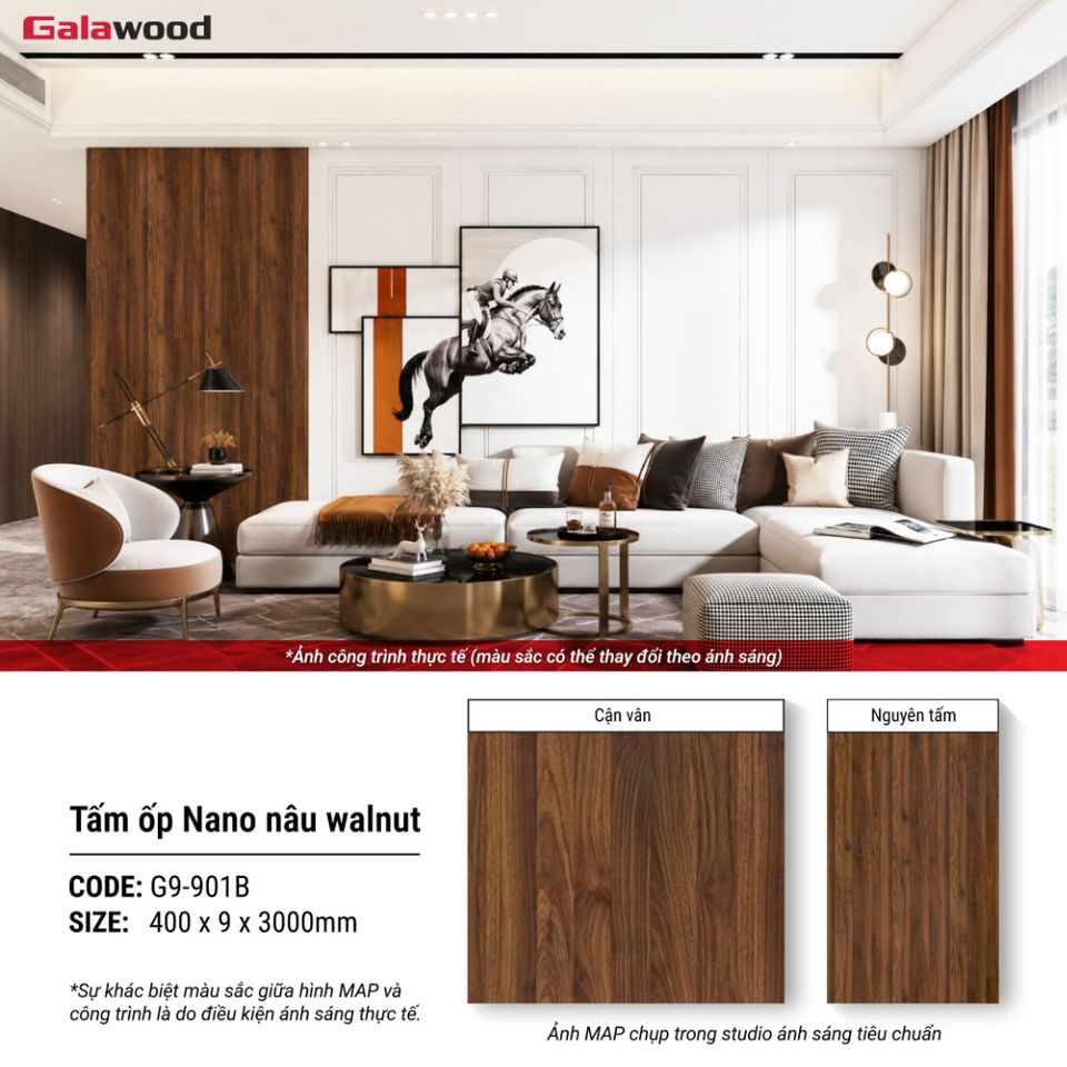 Tấm ốp Nano G9-901B Nâu Walnut bề mặt bóng: hình thông tin ứng dụng.