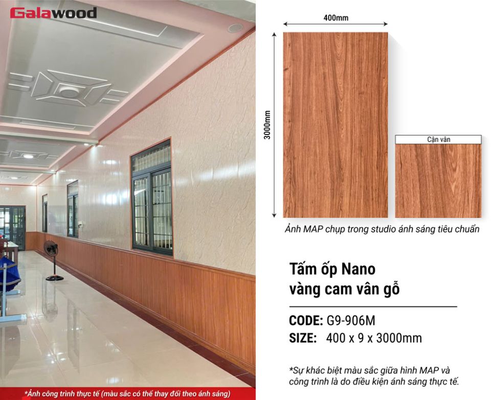 Tấm ốp Nano G9-906M Vân gỗ vàng cam: hình ảnh ứng dụng sản phẩm.