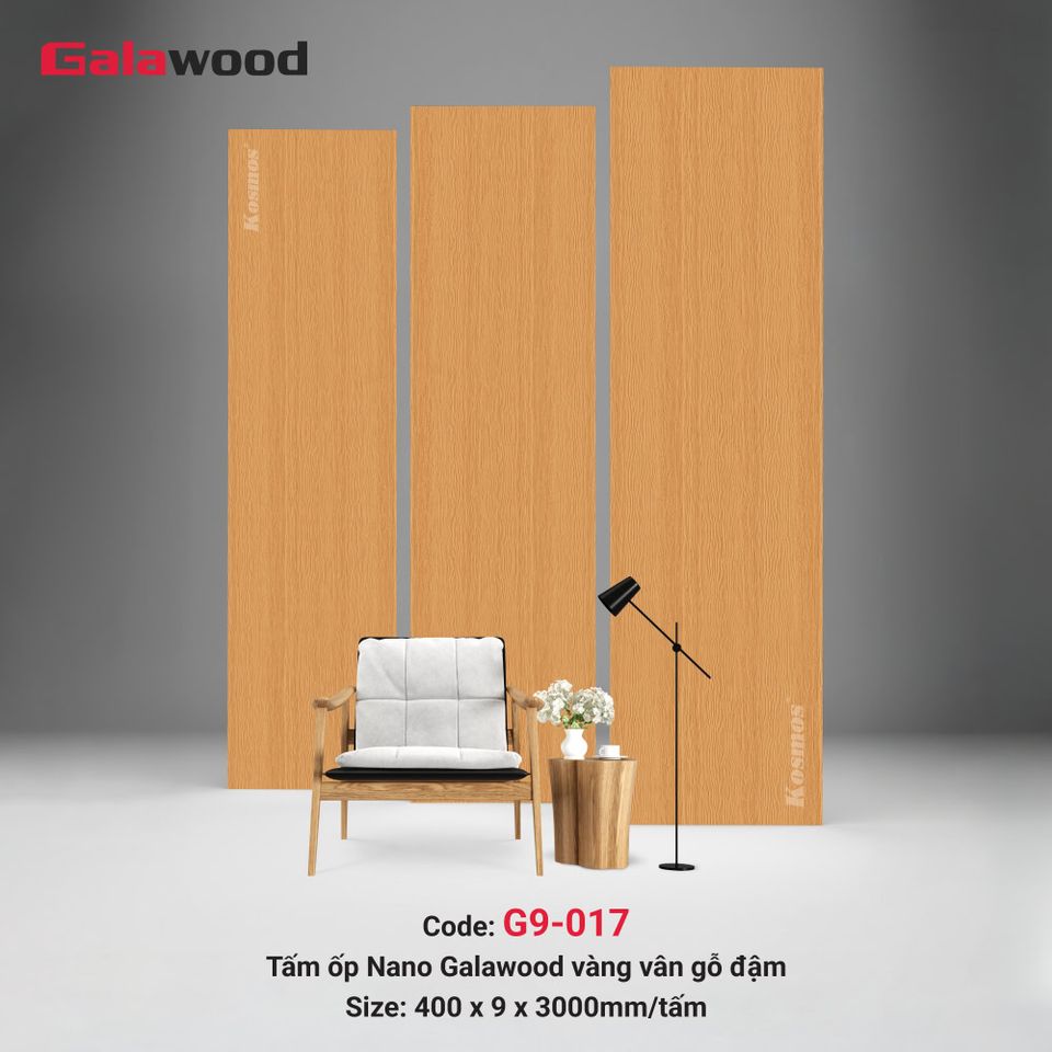 Tấm ốp Nano G9-017 Vàng vân gỗ đậm: ảnh tổng thể bề mặt.