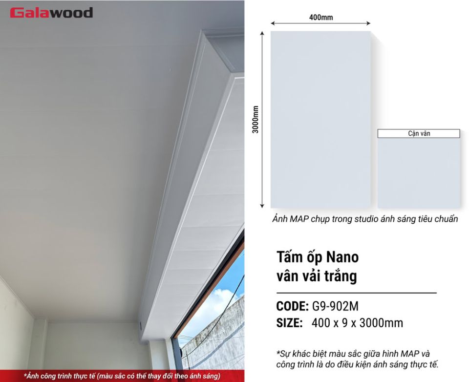 Tấm ốp Nano Galawood G9-902M Vân vải trắng: hình ảnh ứng dụng sản phẩm.