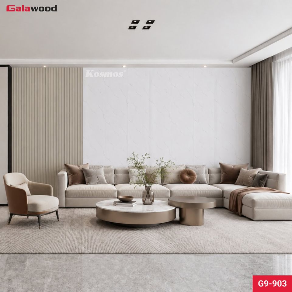 Tấm ốp Nano Galawood G9-903 Trắng vân mây: cận cảnh bề mặt.