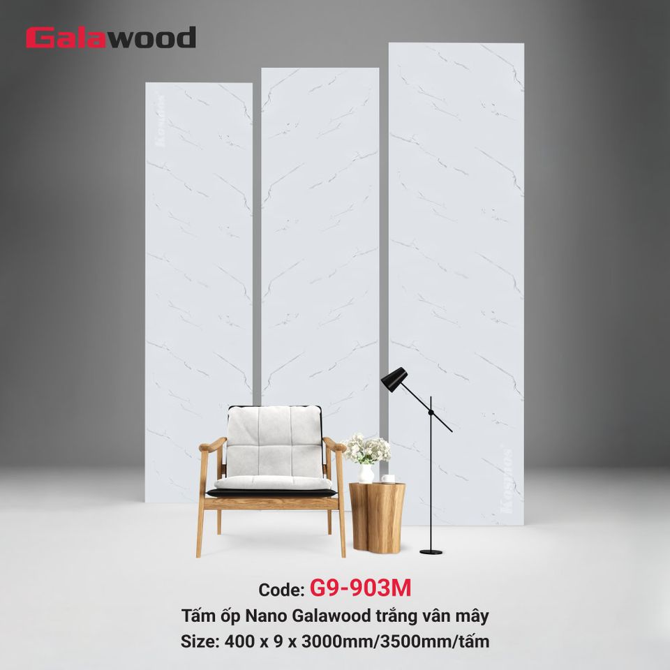 Tấm ốp Nano Galawood G9-903M Trắng vân mây: ảnh tổng thể bề mặt.