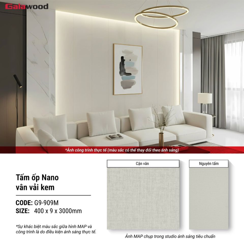 Tấm ốp Nano Galawood G9-909M Vân vải kem: hình ảnh ứng dụng sản phẩm.