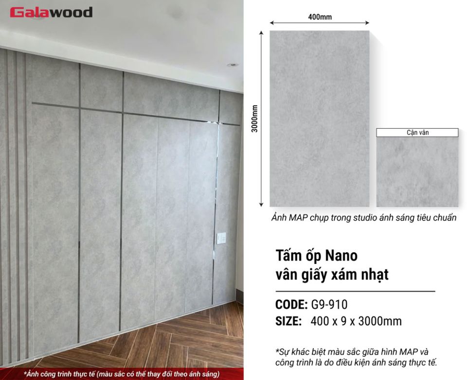 Tấm ốp Nano Galawood G9-910 Vân giấy xám nhạt: hình ảnh ứng dụng sản phẩm.