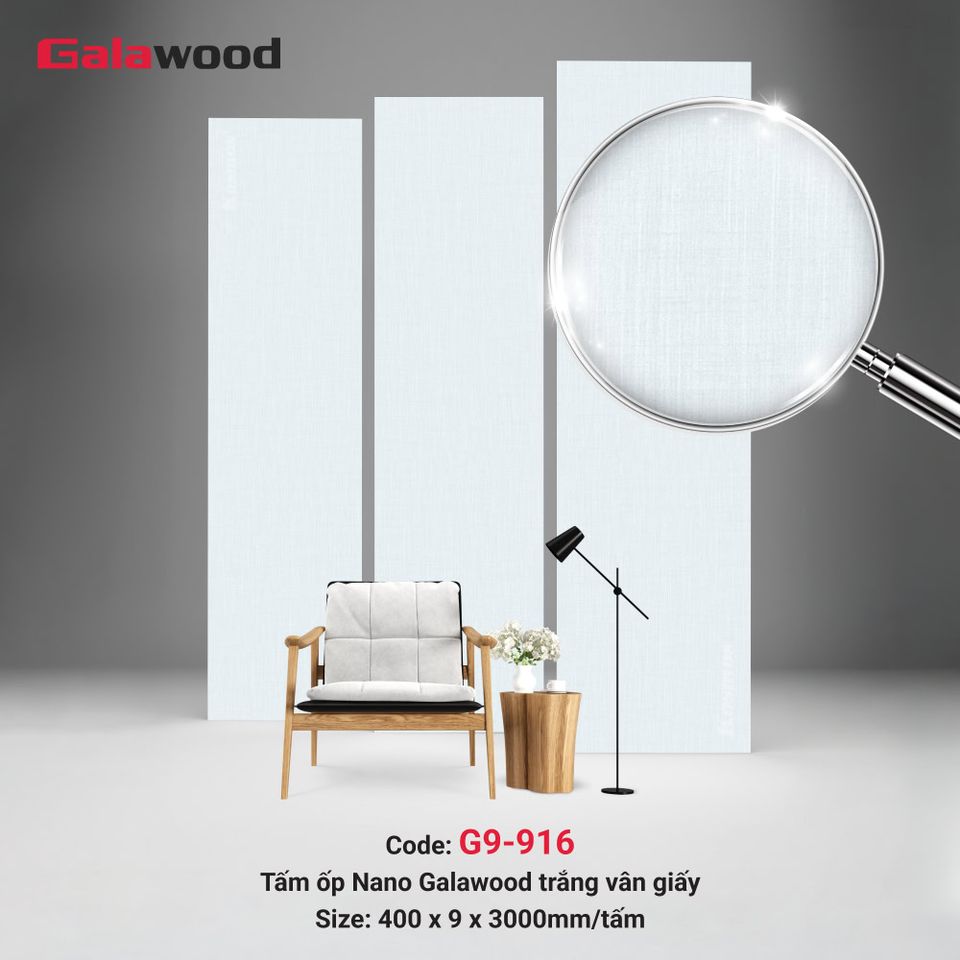 Tấm ốp Nano Galawood G9-916 Trắng vân giấy: ảnh tổng thể bề mặt.