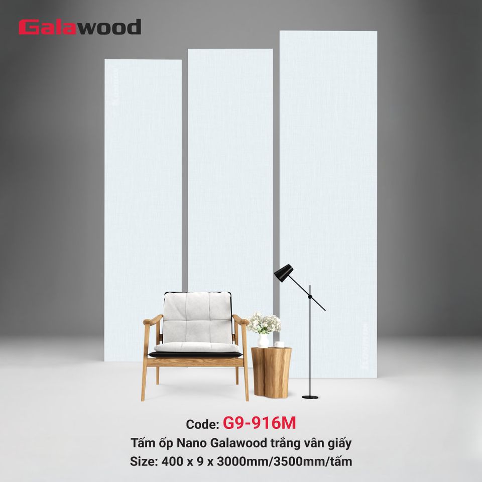 Tấm ốp Nano Galawood G9-916M Trắng vân giấy: ảnh tổng thể bề mặt.