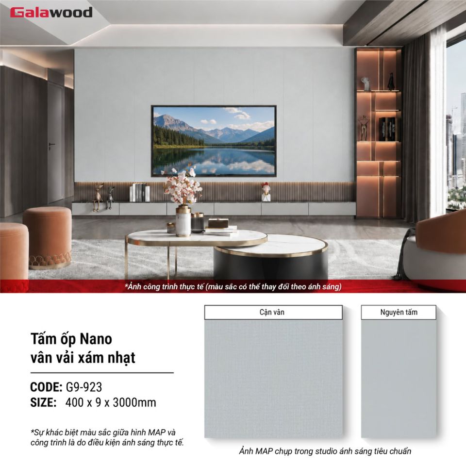 Tấm ốp Nano Galawood G9-923 Vân vải xám nhạt: hình ảnh ứng dụng sản phẩm.
