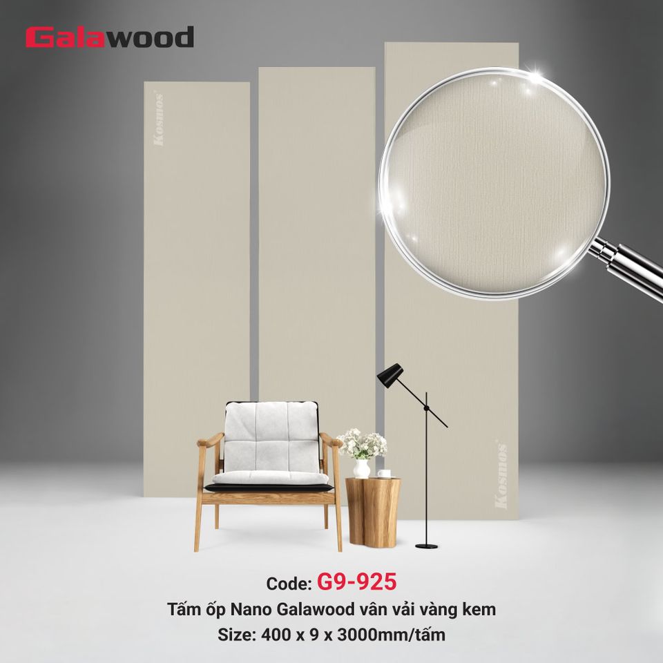 Tấm ốp Nano Galawood G9-925 Vân vải vàng kem: ảnh tổng thể bề mặt.