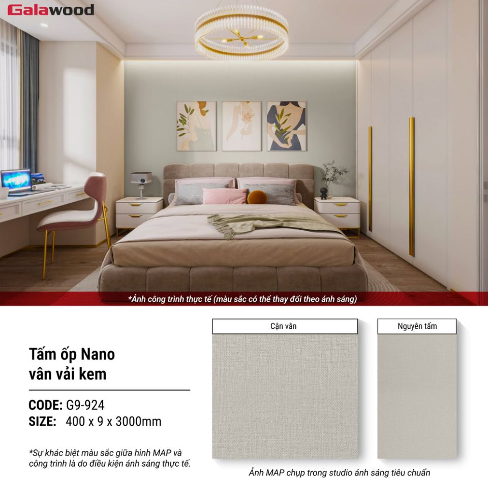 Tấm ốp Nano Galawood G9-924 Vân vải kem: hình ảnh ứng dụng sản phẩm.