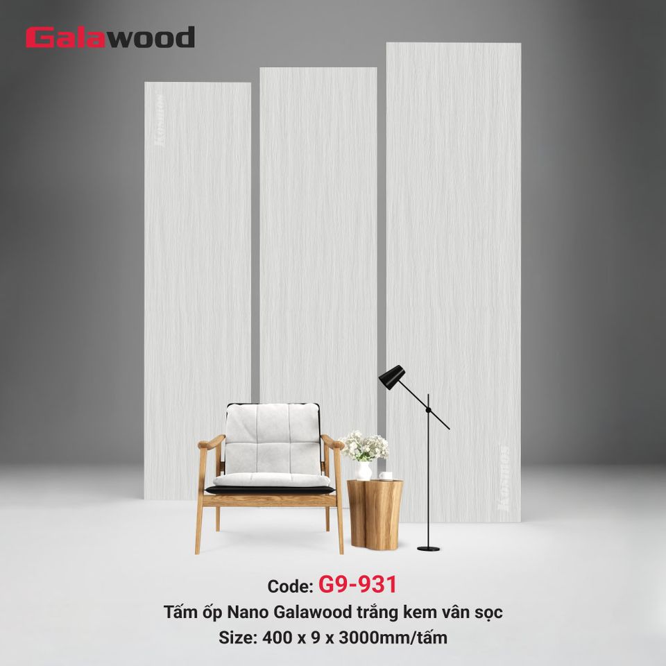 Tấm ốp Nano Galawood G9-931 Trắng kem vân sọc: ảnh tổng thể bề mặt.