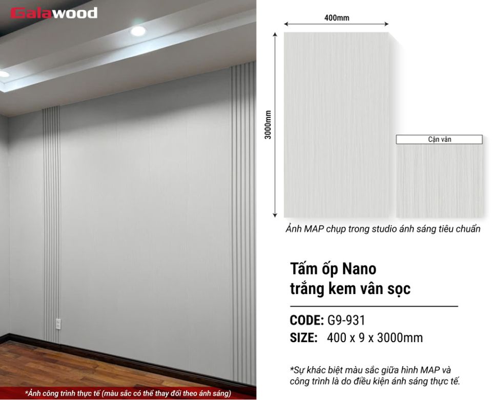Tấm ốp Nano Galawood G9-931 Trắng kem vân sọc: hình ảnh ứng dụng sản phẩm.