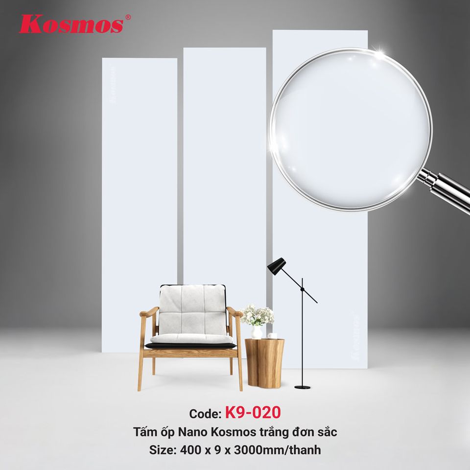 Tấm ốp Nano Kosmos K9-020 Trắng trơn: ảnh tổng thể bề mặt.