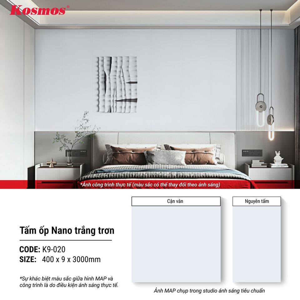 Tấm ốp Nano Kosmos K9-020 Trắng trơn: hình thông tin ứng dụng.