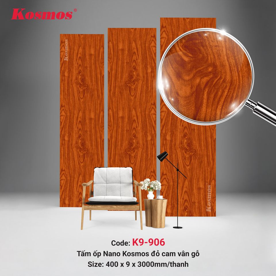 Tấm ốp Nano Kosmos K9-906 Đỏ cam vân gỗ: ảnh tổng thể bề mặt.