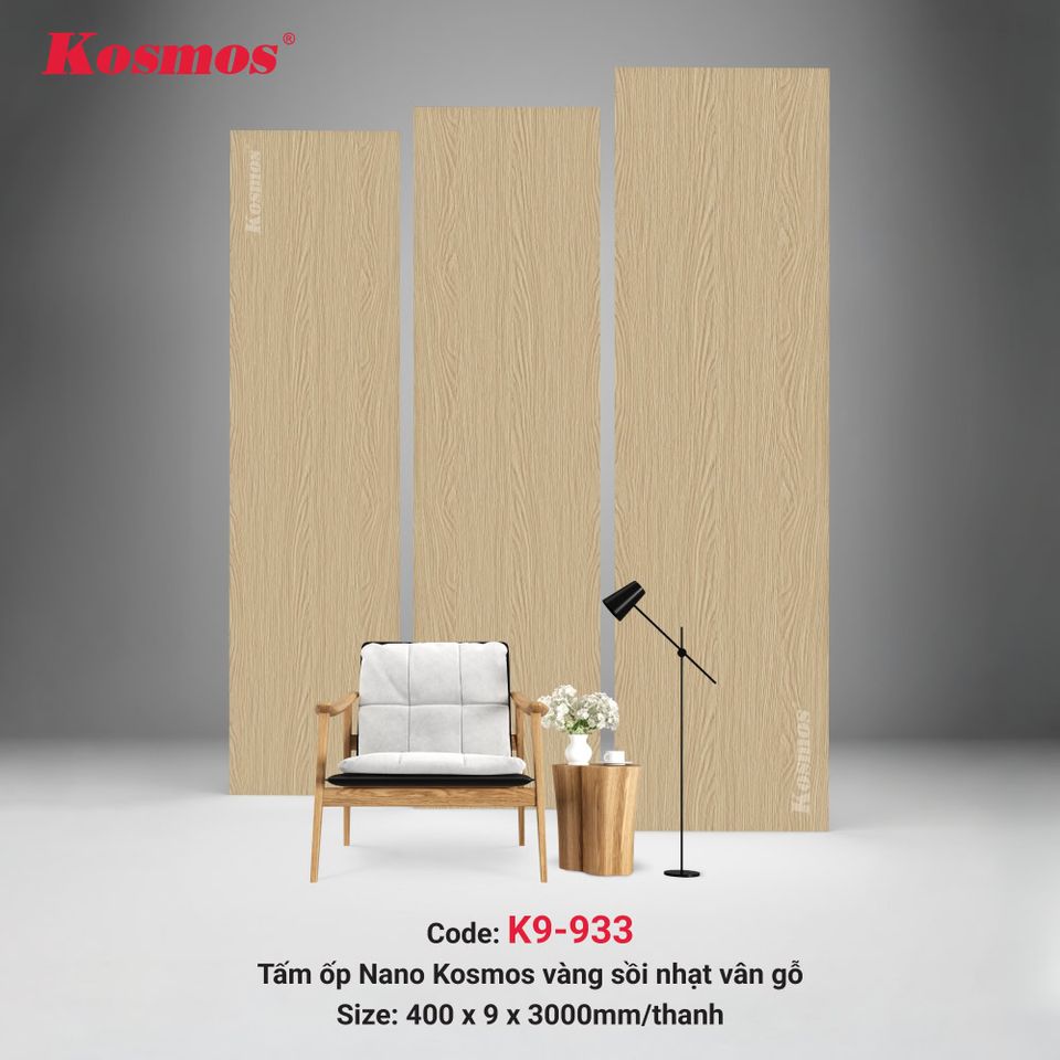 Tấm ốp Nano Kosmos K9-933 Vàng sồi nhạt vân gỗ: ảnh tổng thể bề mặt.