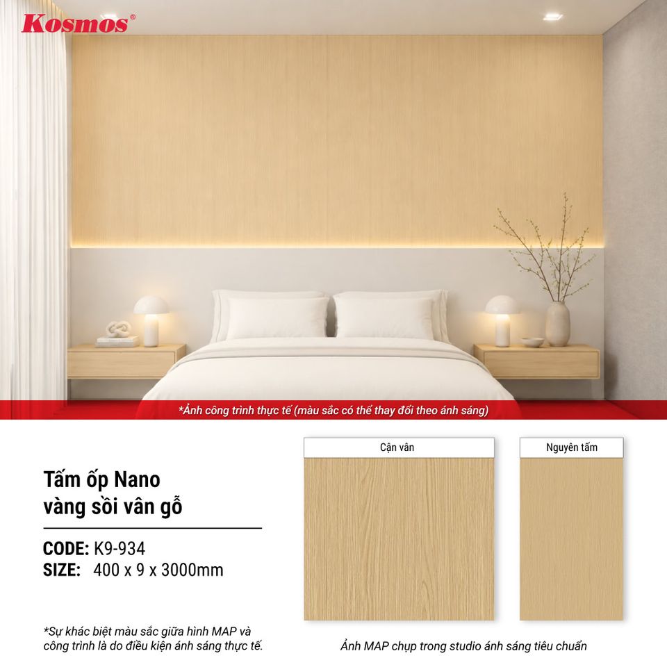 Tấm ốp Nano Kosmos K9-934 Vàng sồi vân gỗ: hình thông tin ứng dụng.