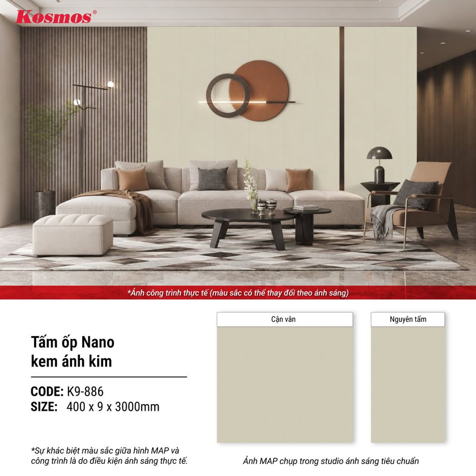 Tấm ốp Nano K9-886 Kem ánh kim: hình thông tin ứng dụng.