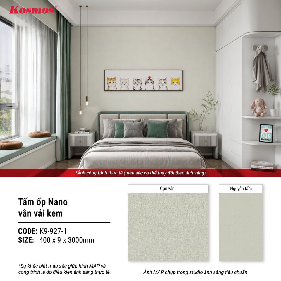 Tấm ốp Nano K9-927-1 Vân vải kem: hình thông tin ứng dụng.
