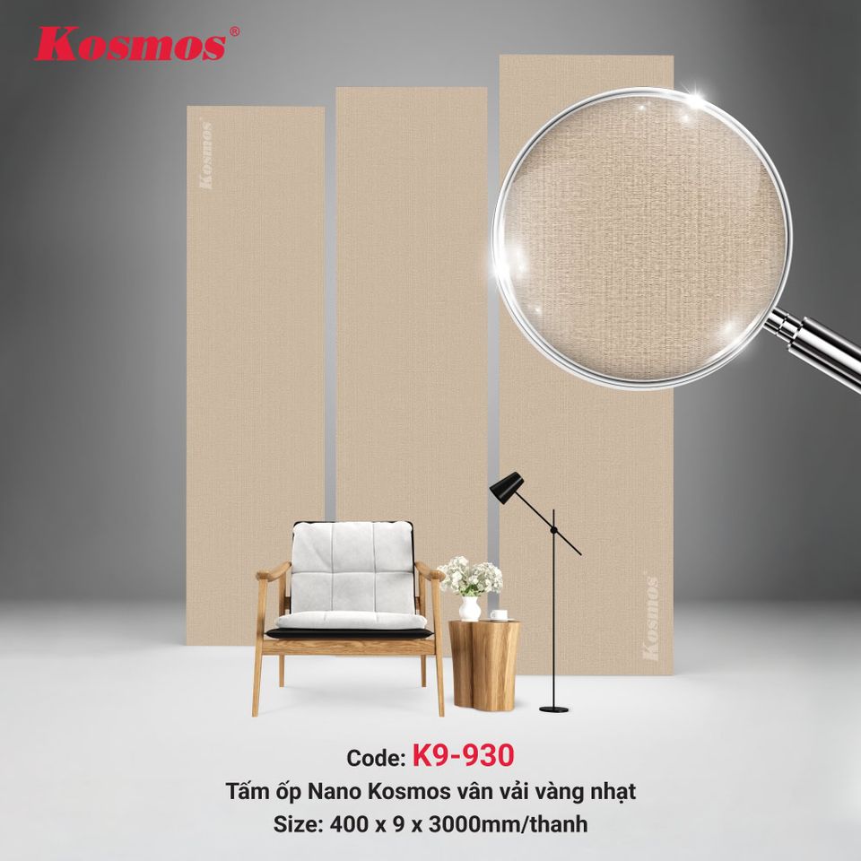 Tấm ốp Nano K9-930 Vân vải vàng nhạt: ảnh tổng thể bề mặt.