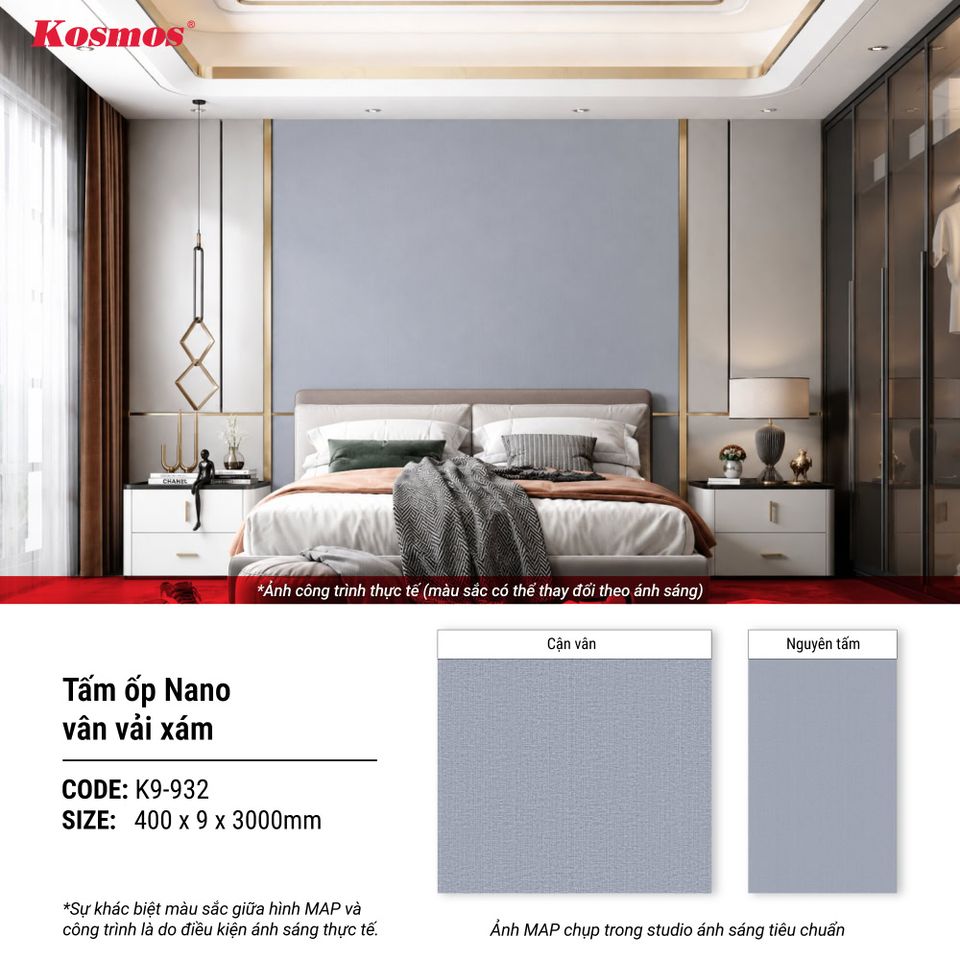 Tấm ốp Nano K9-932 Vân vải xám: hình thông tin ứng dụng.