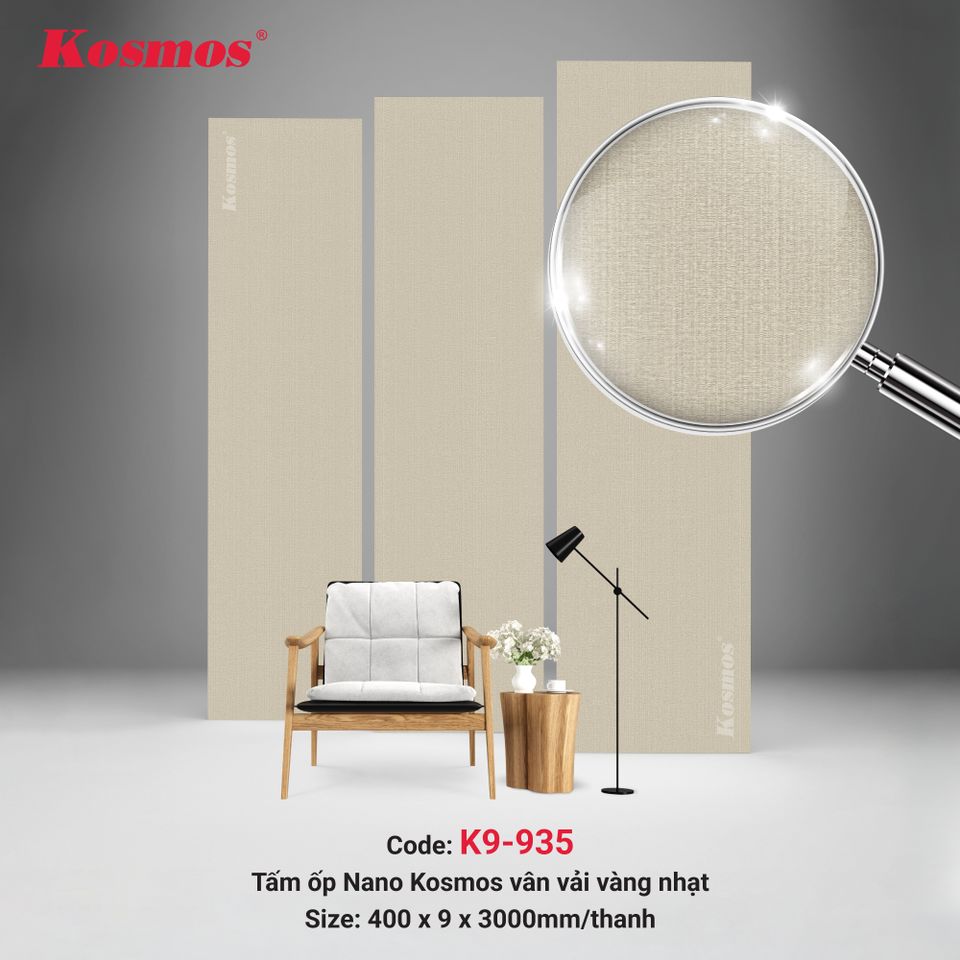 Tấm ốp Nano K9-935 Vân vải vàng nhạt: ảnh tổng thể bề mặt.