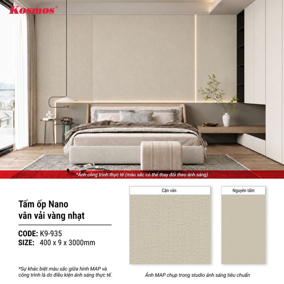 Tấm ốp Nano K9-935 Vân vải vàng nhạt: hình thông tin ứng dụng.