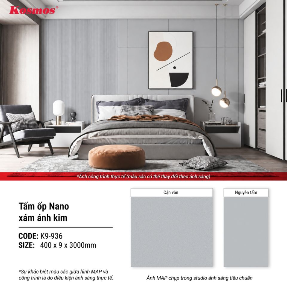 Tấm ốp Nano K9-936 Xám ánh kim: hình thông tin ứng dụng.
