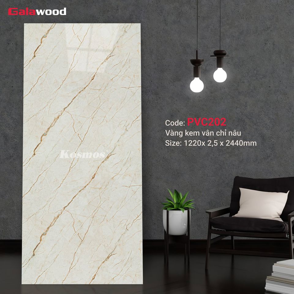 Ảnh mẫu tấm ốp PVC vân đá Galawood PVC202, nền vàng kem với các đường vân nâu.
