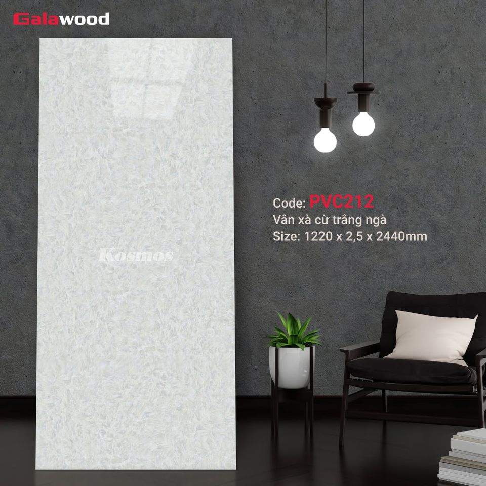 Ảnh mẫu tấm ốp PVC vân đá Galawood PVC212, nền trắng ngà dạng vân xà cừ lấm chấm.