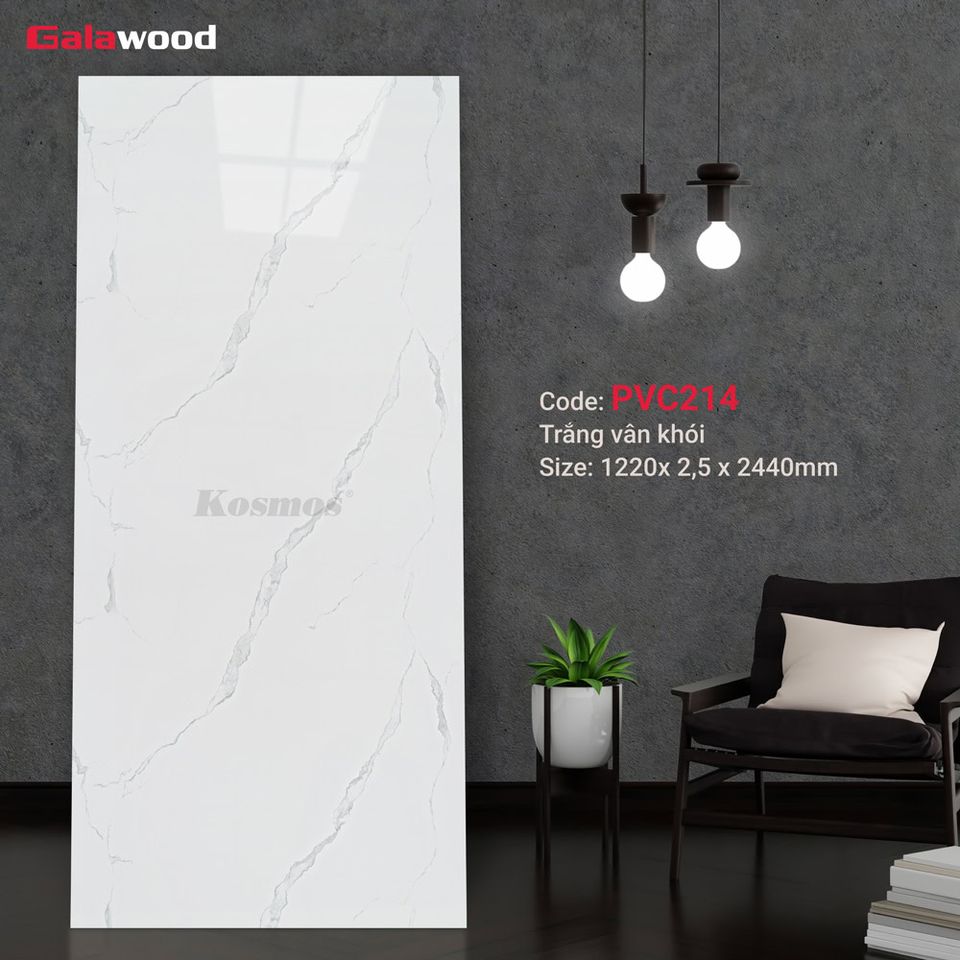 Ảnh mẫu tấm ốp PVC vân đá Galawood PVC214, nền trắng với vân khói xám.