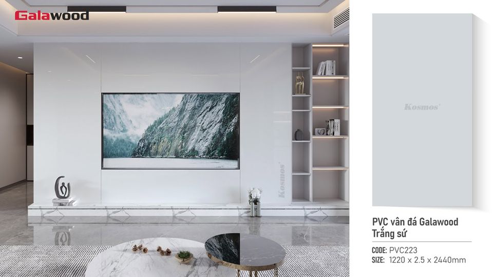 Ảnh mẫu tấm ốp PVC vân đá Galawood PVC223, bề mặt trắng sứ phẳng.
