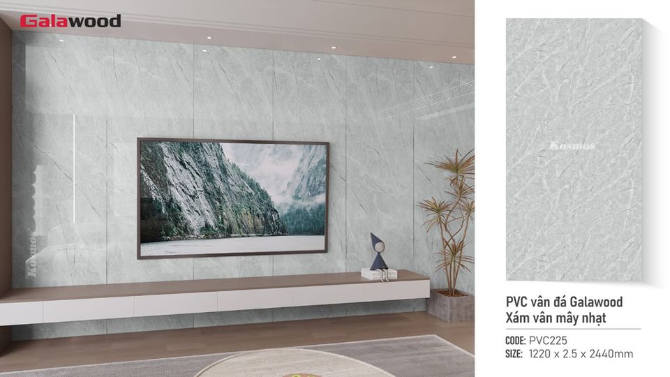 Ảnh mẫu tấm ốp PVC vân đá Galawood PVC225, nền xám nhạt với vân mây trắng.