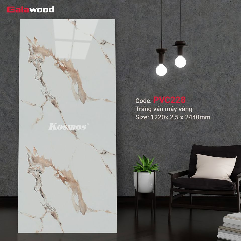 Ảnh mẫu tấm ốp PVC vân đá Galawood PVC228, nền trắng với mảng vân mây vàng nâu.